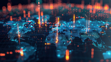 A captivating digital map featuring vibrant data visualizations and network connections. This artwork represents modern technology and global communication.の素材