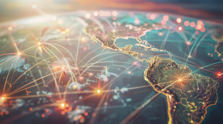 This image captures a stunning aerial view of North and South America, showcasing vibrant connections and network pathways that symbolize digital communication and global interconnectivity.の素材