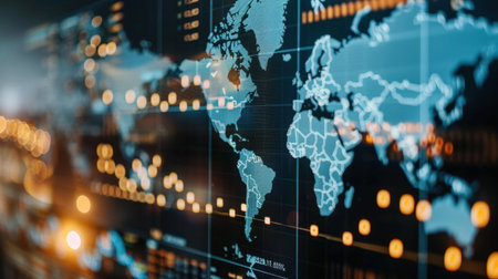 An intricate digital world map showcasing data connections and points, highlighting the global network. Perfect for technology and data visualization themes.の素材