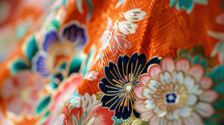 Close-up of a vibrant floral pattern on traditional textile fabric, showcasing intricate designs and vivid colors, perfect for fashion, art, or decor projects.の素材