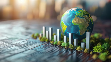 A digital representation of Earth amidst urban structures symbolizes growth and sustainability. This image captures the balance between nature and urban development.の素材