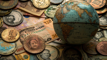 An artistic display of a globe surrounded by various currency notes and coins representing global finance, investment opportunities, and cultural diversity.の素材