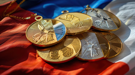 A striking close-up of gold and silver medals arranged atop a vibrant Russian flag, symbolizing achievement and pride in sports and competition.の素材