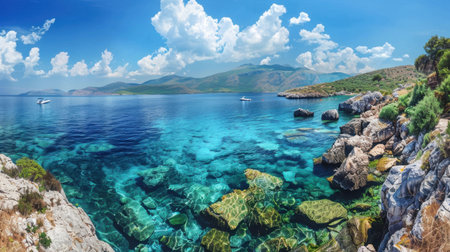 Explore a stunning coastal scene featuring crystal clear turquoise waters, rocky shores, and serene skies. Perfect for travel and nature themes.の素材