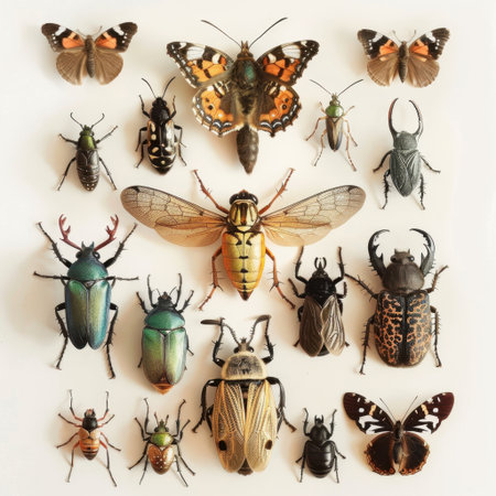 This vibrant collection showcases various insects, highlighting their diversity and beauty. Ideal for educational and scientific purposes in entomology.の素材