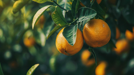 Two ripe oranges dangle from a lush green tree branch, illuminated by warm sunlight, showcasing the beauty of nature and healthy living in an orchard setting.の素材