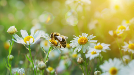 A close-up of a busy bee collecting pollen from white daisy flowers in a vibrant garden. The scene captures the beauty of nature during springtime.の素材