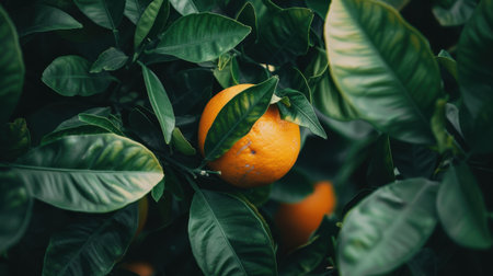 A close-up view of a ripe orange nestled among lush green leaves, showcasing the beauty of nature and agriculture. Ideal for health or freshness themes.の素材