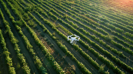 This aerial view captures a drone flying over lush vineyard rows during a stunning sunset. The image showcases modern agricultural practices and technology in farming.の素材