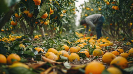 A dedicated farmer gathers ripe oranges in a vibrant orchard, showcasing the beauty of agriculture and the abundance of nature during harvest season.の素材
