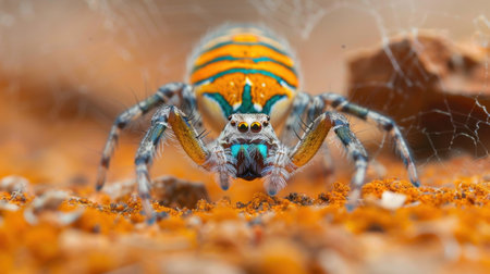 Close-up of a colorful jumping spider showcasing vibrant patterns and intricate details. This unique arachnid demonstrates the beauty of nature in its habitat.の素材