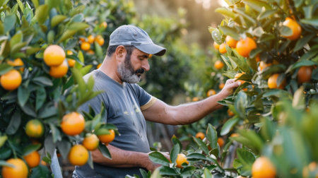 A dedicated man carefully watches over ripe oranges in a vibrant orchard. The warm sunlight bathes the landscape, showcasing the beauty of agriculture and nature.の素材