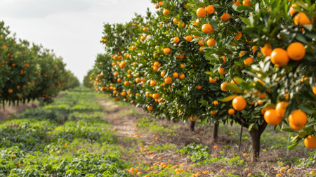 A serene orange orchard with vibrant trees laden with ripe fruit, showcasing agricultural beauty. A perfect scene for nature and farming enthusiasts.の素材