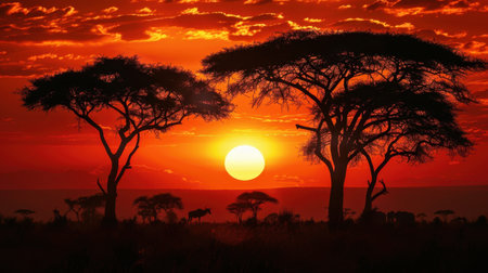 A stunning sunset over the African plains, showcasing silhouetted acacia trees against a vibrant orange sky. Perfect for nature lovers and travel enthusiasts.の素材