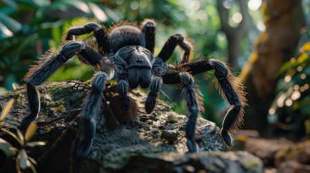 A striking close-up image of a tarantula in a vibrant jungle, showcasing its intricate details. The environment highlights the lush greenery, enhancing the beauty of wildlife.の素材