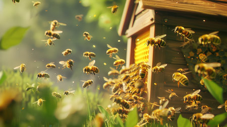 A lively scene shows bees actively flying around a beehive amid lush greenery. Sunlight filters through, enhancing the vibrant colors and showcasing natureの素材