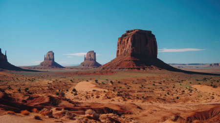 Discover the stunning beauty of Monument Valley with its dramatic rock formations under a clear blue sky, showcasing nature's raw artistry in this serene desert landscape.の素材