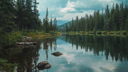 A serene lake landscape surrounded by towering trees and a cloudy sky. This tranquil setting invites relaxation and showcases the beauty of nature.の素材