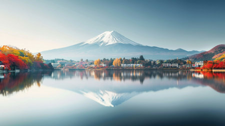Stunning view of Mount Fuji reflected in a tranquil lake surrounded by vibrant autumn colors, creating a serene and picturesque landscape in Japan.の素材