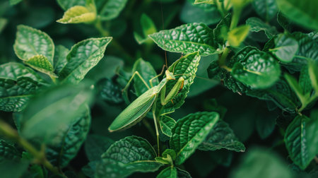 A close-up view of a green grasshopper resting on fresh mint leaves. This image showcases the beauty of nature and highlights the intricate details of the plant and insect.の素材