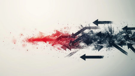 This abstract illustration features dynamic red and black arrows creating a sense of motion and energy. The design showcases a creative explosion of color and texture.の素材