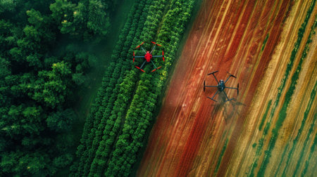 This aerial image captures the contrast between lush green fields and brown soil, showcasing drones actively farming and modern technology in agriculture.の素材