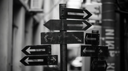 A captivating black and white image showcasing multiple arrow direction signs. This urban photograph symbolizes navigation and choices within a city landscape, reflecting confusion and guidance.の素材