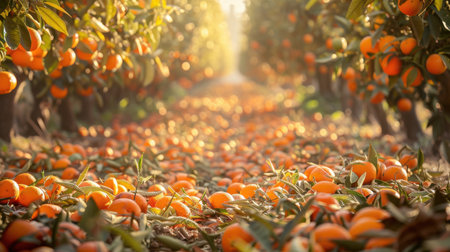 A serene orange orchard filled with vibrant trees and scattered ripe fruit, capturing the essence of harvest season in a sunny rural landscape. Perfect for nature lovers.の素材