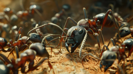 This stunning close-up showcases black ants in their natural habitat, highlighting their intricate details and social structure as they move through the earth.の素材