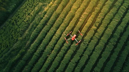 A stunning aerial view captures a red drone flying over expansive green fields, showcasing vibrant agricultural landscapes and intricate vegetation patterns.の素材