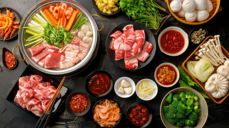 A vibrant arrangement of hot pot ingredients, showcasing fresh vegetables, savory meats, and rich sauces, perfect for a communal dining experience.の素材