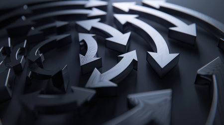 This image features sleek black arrows forming intricate patterns on a dark surface, representing movement and direction in a modern abstract design.の素材