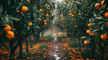 Serene view of a vibrant orange orchard, showcasing ripe fruit hanging from trees amidst a misty landscape. A peaceful pathway invites exploration.の素材
