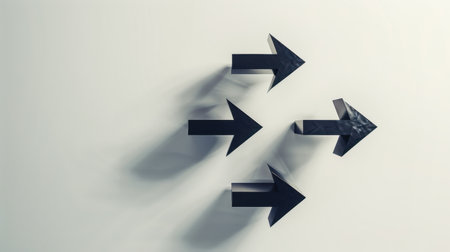 Stylish black arrows point right and down, creating shadows on a white wall, symbolizing direction and movement in a clean, minimalist design.の素材