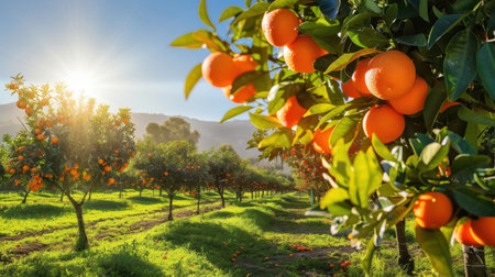 A beautiful orange orchard bathed in sunlight, showcasing ripe oranges on trees. The vibrant landscape is perfect for illustrating agricultural wealth and nature's abundance.の素材