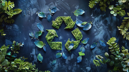 A visually appealing green recycling symbol composed of leaves, surrounded by vibrant foliage on a dark textured background. Perfect for eco-friendly themes.の素材