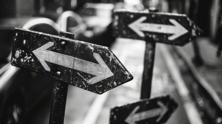 A close-up of weathered directional street signs in black and white, indicating different traffic flows in an urban environment. The scene captures the essence of city navigation.の素材