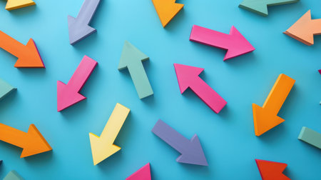 This vibrant image features colorful arrows arranged on a bright blue background, ideal for creative projects, design concepts, or visual communication.の素材