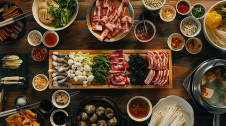 A vibrant and colorful arrangement of fresh ingredients ready for hot pot cooking, showcasing an array of vegetables, meats, and sauces perfect for communal dining.の素材