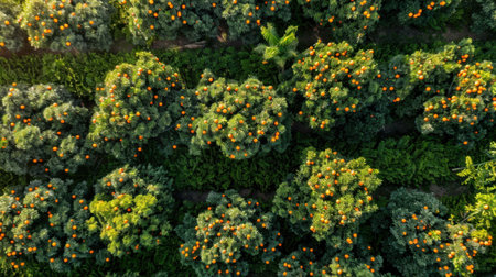Experience the vibrant colors of an aerial view showcasing lush orange trees heavy with bright fruits, surrounded by rich green foliage in this stunning landscape.の素材