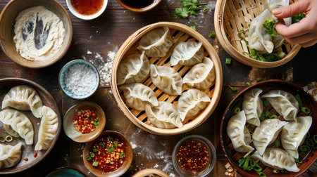 A beautiful arrangement of freshly made dumplings alongside ingredients on a wooden table, showcasing the art of culinary preparation and vibrant flavors.の素材