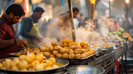 A bustling street food vendor prepares mouth-watering fried snacks, surrounded by lively market activity. The scene captures the vibrant culinary culture.の素材