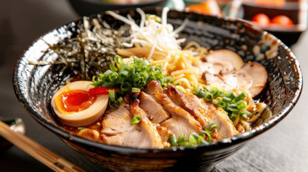 A vibrant bowl of ramen featuring tender chicken, fresh noodles, an egg, and various toppings. Perfect for a satisfying meal or dining experience.の素材
