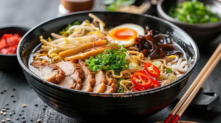 Indulge in a steaming bowl of authentic Japanese ramen, featuring rich broth, fresh noodles, topped with an egg, green onions, and savory meat. Perfect for food lovers!の素材