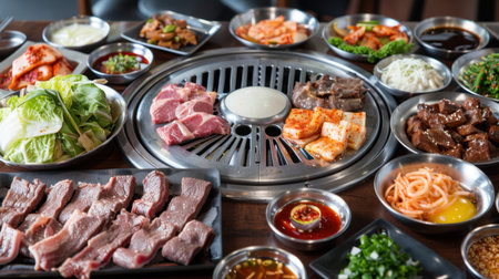 A beautifully arranged Korean BBQ meal featuring fresh meats and vibrant side dishes. This inviting setup highlights the colorful ingredients and diverse flavors.の素材