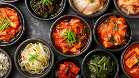 This image showcases an array of vibrant Korean side dishes, featuring kimchi and various vegetables, ideal for meal preparation or culinary inspiration.の素材