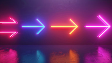 Vibrant neon arrows illuminate a sleek wall, creating a dynamic visual effect. The colorful lights reflect on the surface, enhancing the modern aesthetic.の素材