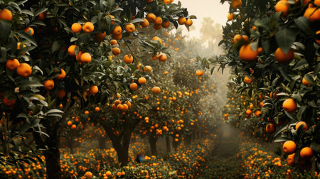 A breathtaking view of a lush orange orchard filled with ripe fruits, surrounded by misty landscapes, capturing the essence of natural beauty and tranquility.の素材
