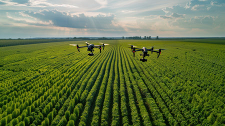 Two drones fly above expansive green crop fields under a bright sky, showcasing modern agriculture practices. This aerial view highlights technology in farming.の素材
