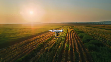 A drone capturing high-resolution images over an expansive agricultural field during sunset. This scene highlights modern farming techniques and technology's role in enhancing productivity in agriculture.の素材